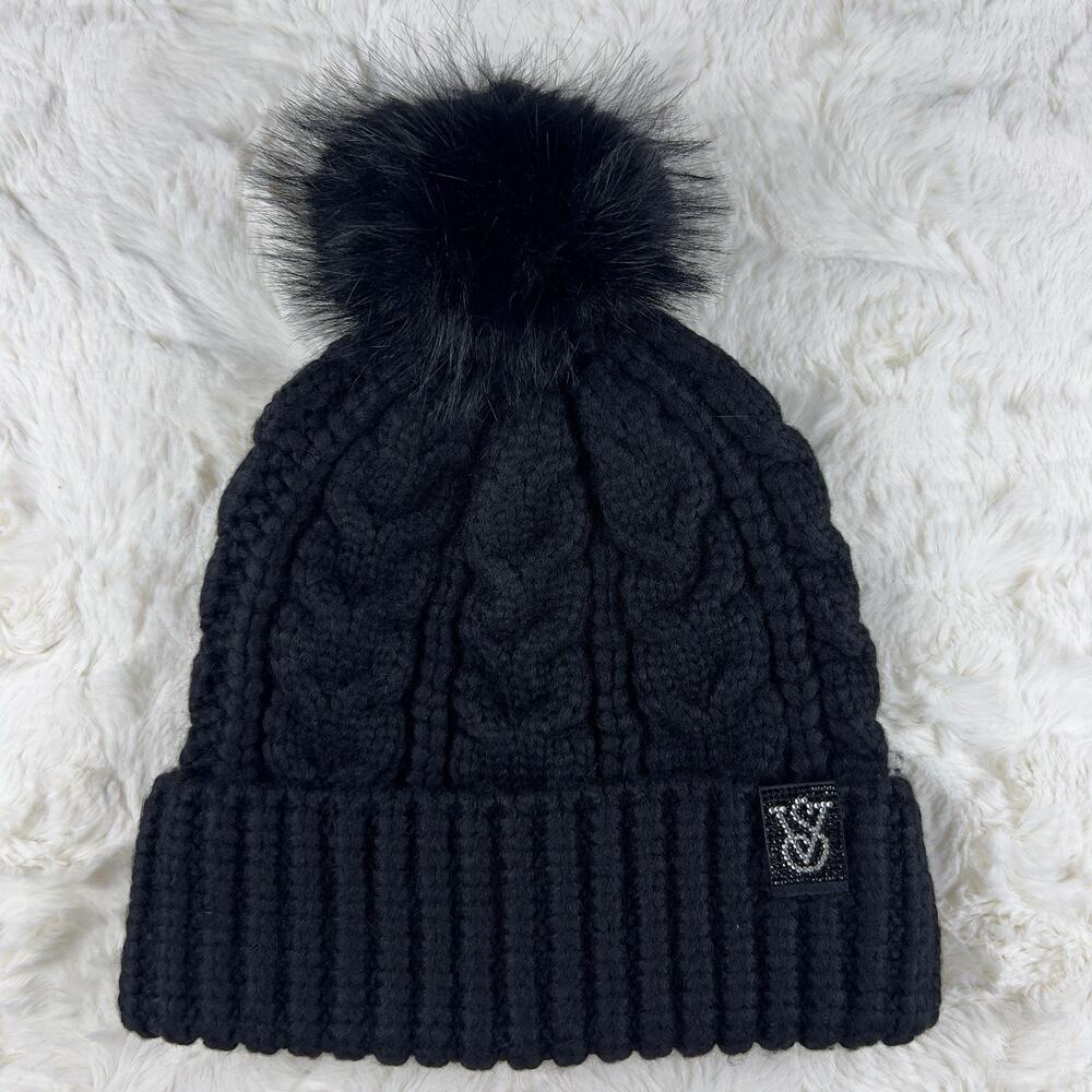 Victoria's Secret‎ Beanie Hat Women's Pretty Black Cozy Cable-Knit Pom Pom NWT